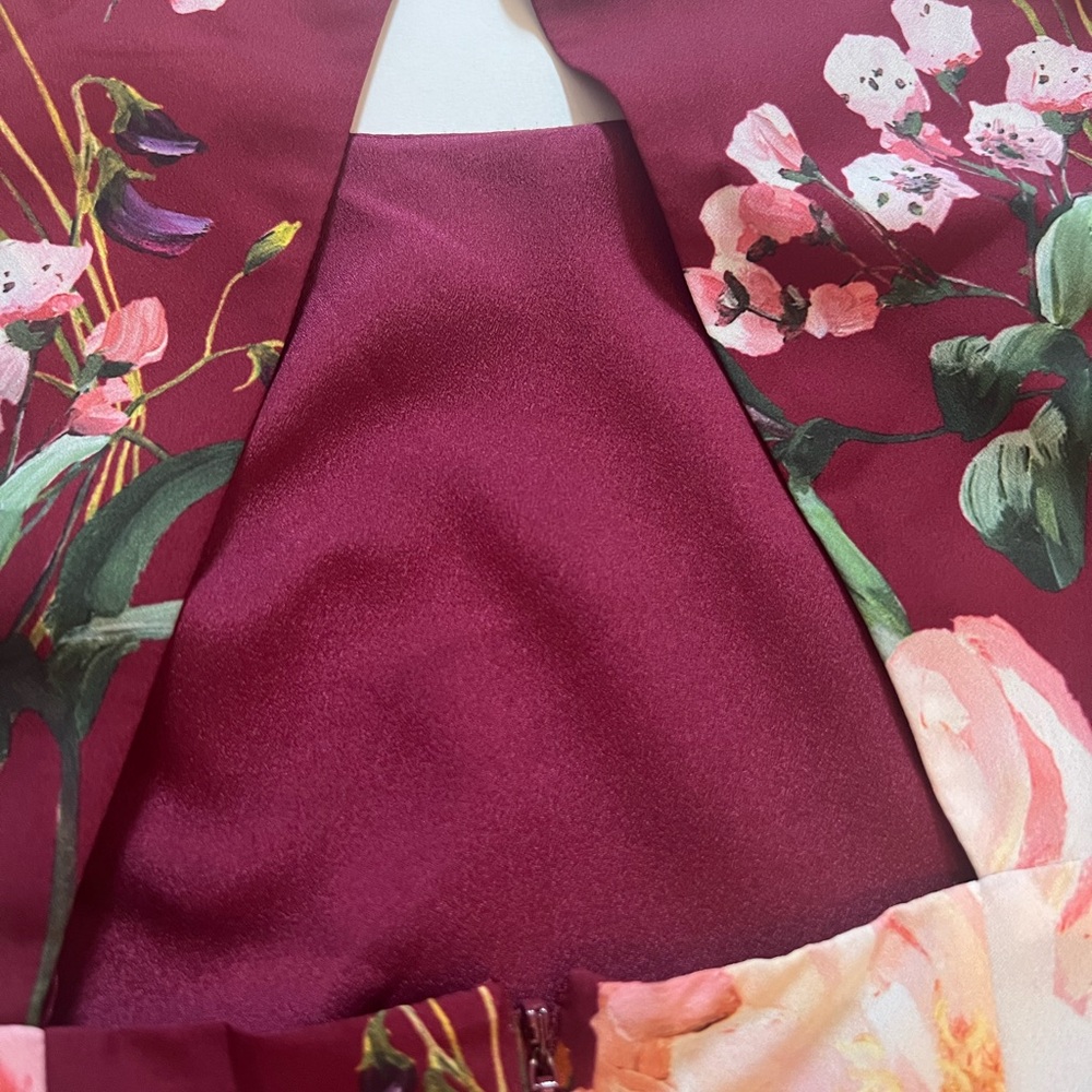TED BAKER London Burgundy Floral Pleated Midi Dress Open Back|Long Sleeve|Size 0 - Picture 5 of 14